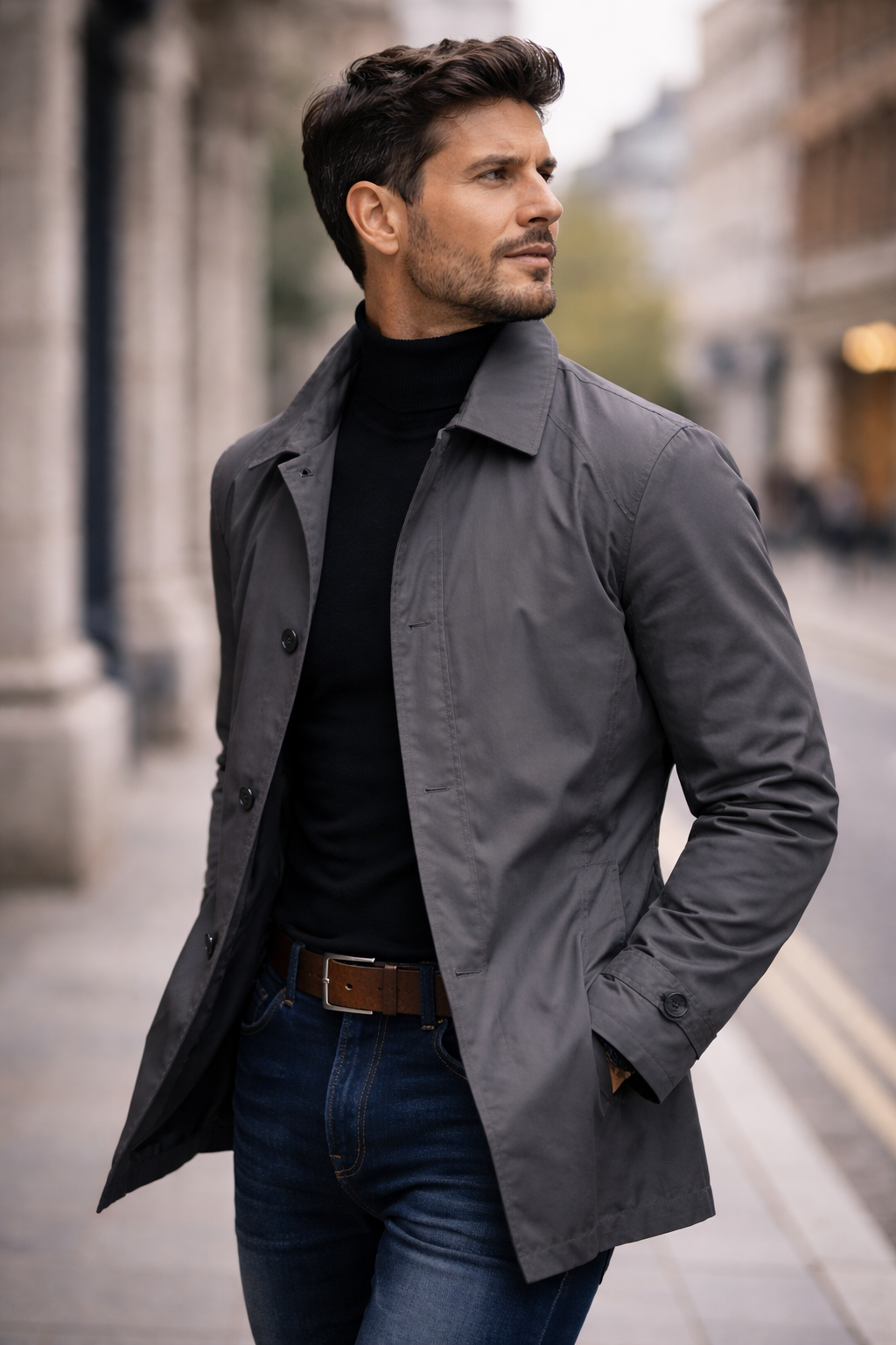 Close three-quarter portrait of a model in the grey jacket with a hand in his pocket, standing on a city pavement. 7