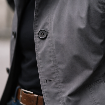 Close-up detail of the grey jacket's front placket, showing a dark four-hole button, buttonhole, topstitching and a side pocket. 8