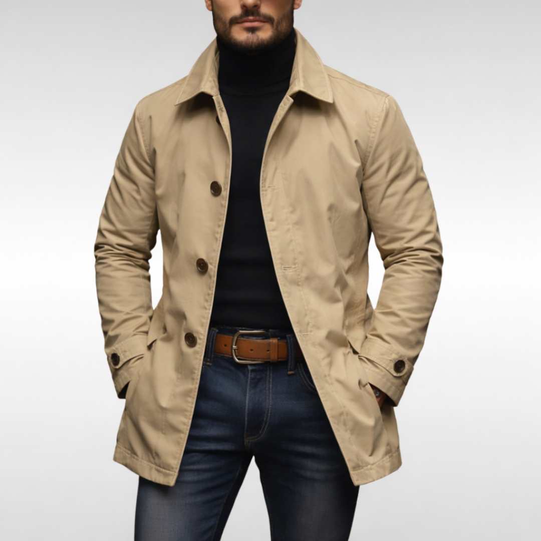 Front view of the jacket in beige with brown buttons, worn open over a black roll-neck and jeans. 4