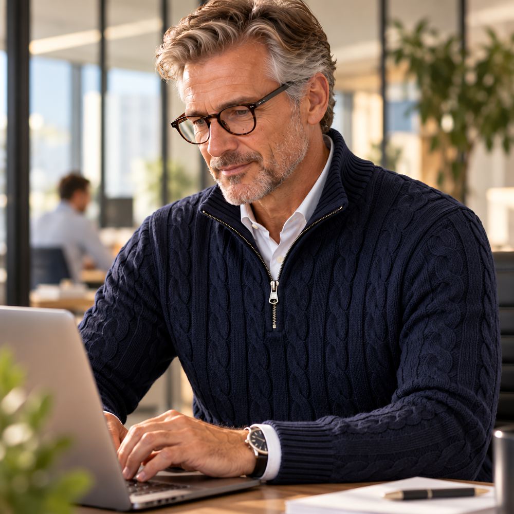 Man with glasses typing on a laptop in an office, wearing the navy jumper over a white collared shirt. 7