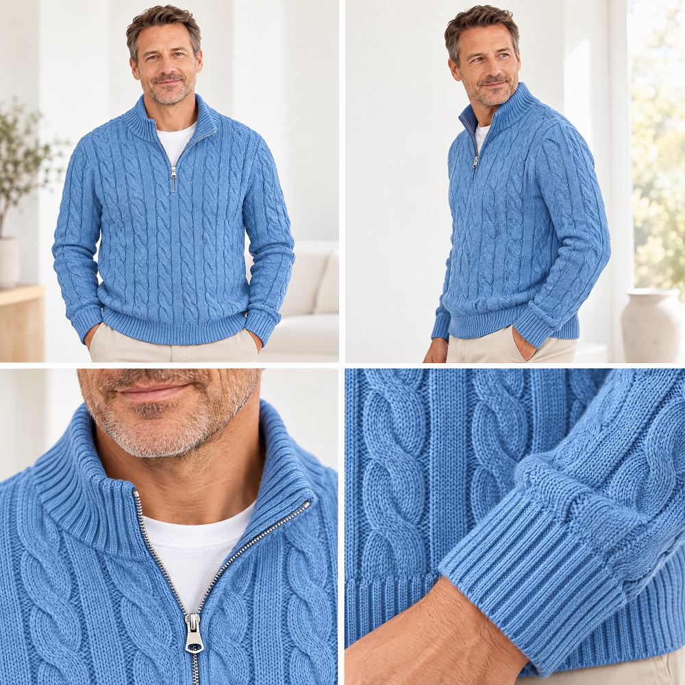 Four-panel collage of the blue jumper: front and side views on a model, a collar and zip close-up, and a ribbed cuff. 5