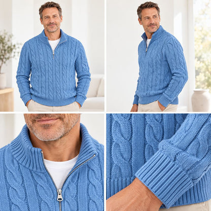 Four-panel collage of the blue jumper: front and side views on a model, a collar and zip close-up, and a ribbed cuff. 5