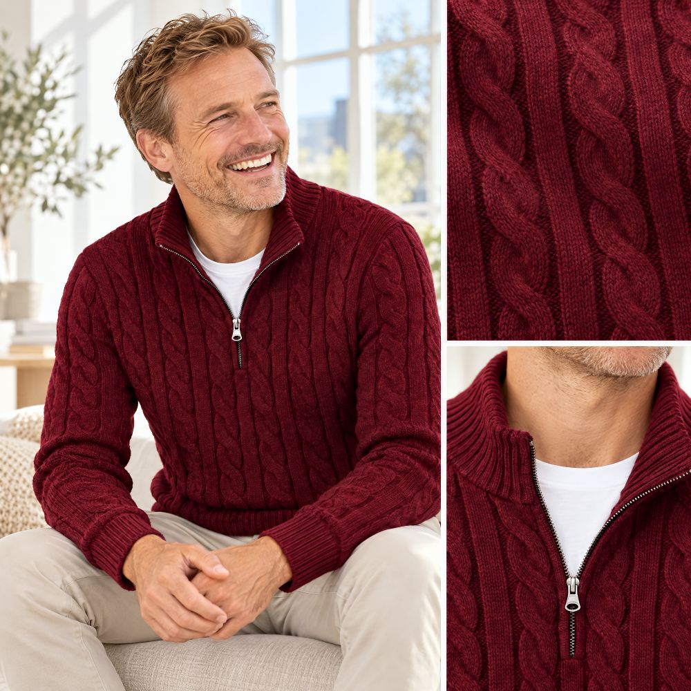 Collage of the burgundy jumper: a smiling seated man, a close-up of the cable pattern and a collar and zip detail. 6