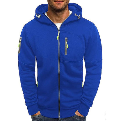 Front view of the bright blue zip-up hoodie on a model, with lime green zip pulls on the chest and sleeve pockets. 3