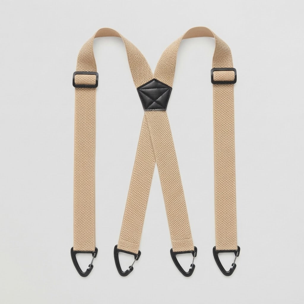 Beige X-shape braces laid flat with four black clip hooks and a black back patch 15