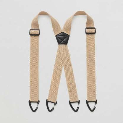 Beige X-shape braces laid flat with four black clip hooks and a black back patch 15