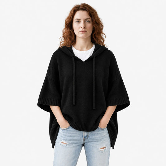 Knitted Poncho with Hood and Three-Quarter Sleeves