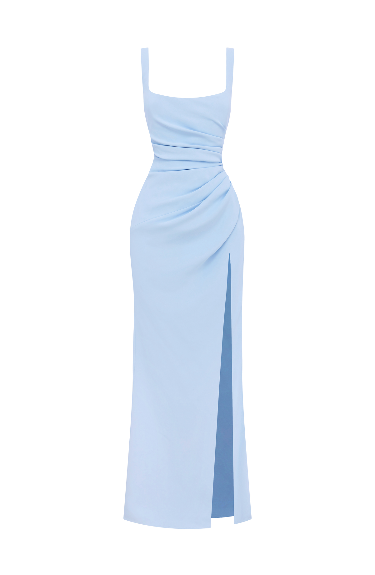 Pale blue dress shown flat on a white background, with wide straps, ruched waist and a high side slit. 29