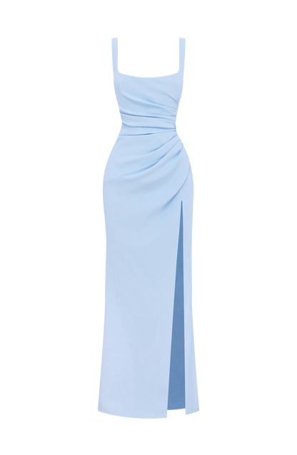 Pale blue dress shown flat on a white background, with wide straps, ruched waist and a high side slit. 29