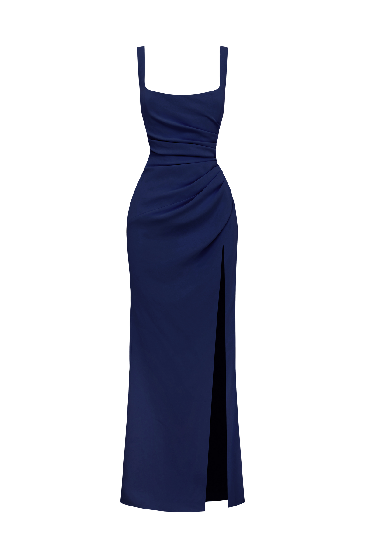 Navy maxi dress shown alone on a white background, with square neckline, ruched waist and side slit. 16