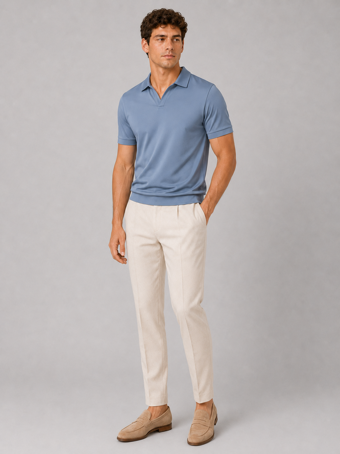 Full-length studio view of the dusty blue polo worn with cream pleated trousers and tan suede loafers, one hand in pocket. 18