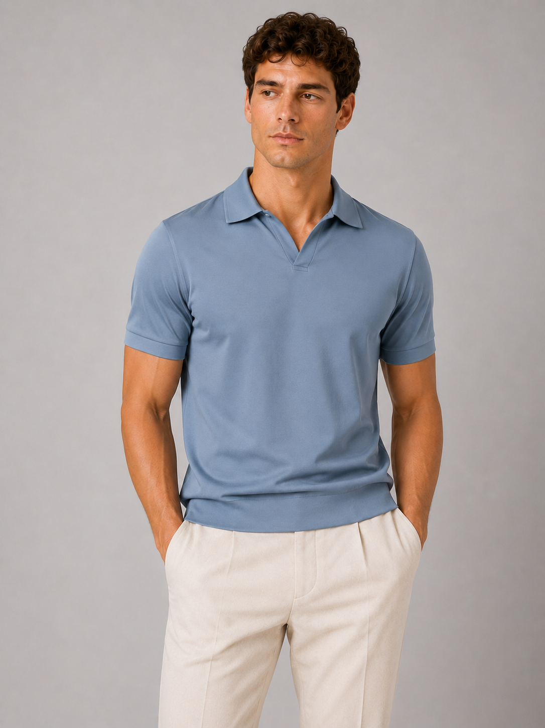 Model wearing the dusty blue polo with an open collar and ribbed hem, front view in a studio, worn with cream trousers. 16