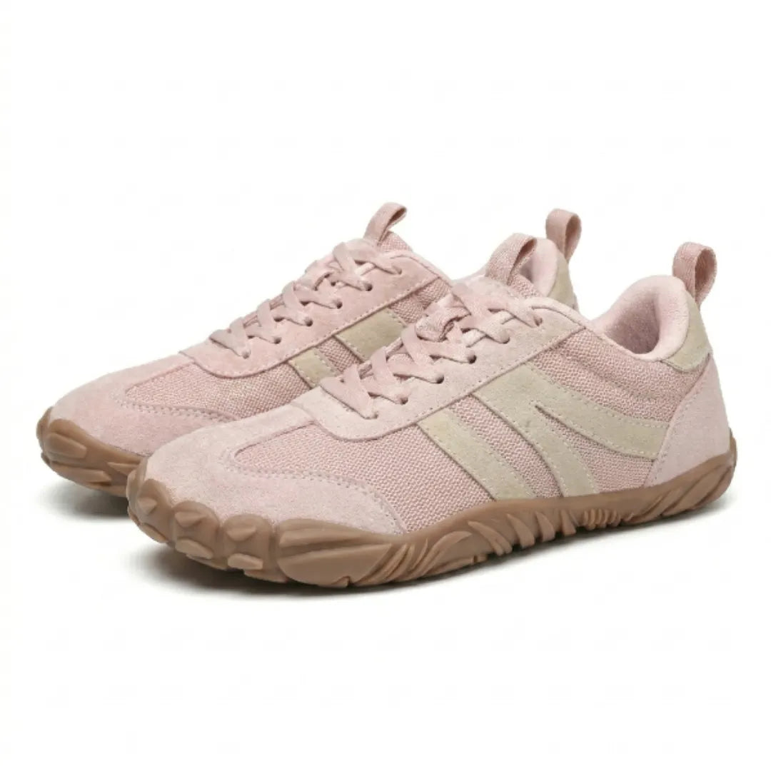 Pair of pink barefoot shoes with beige stripes and tonal laces, shown at an angle on a plain background. 16