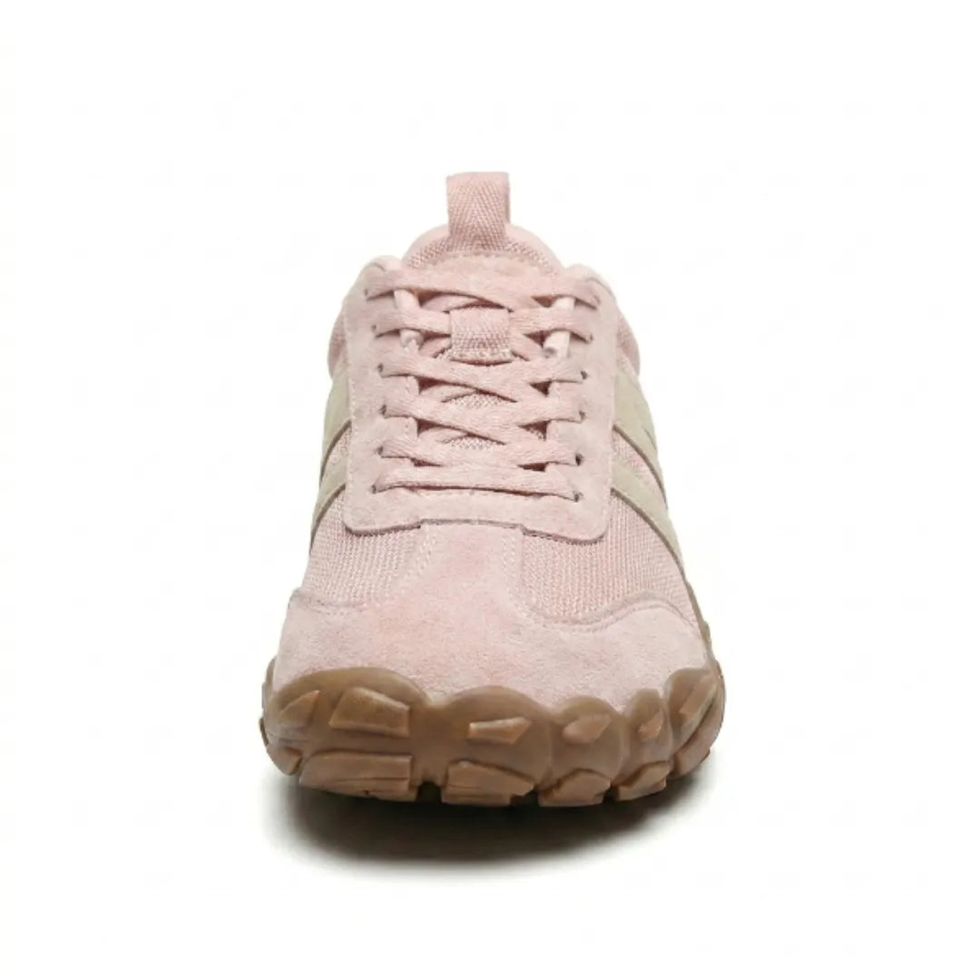 Front view of a pink barefoot shoe showing the broad rounded toe, laces and tan sole. 17