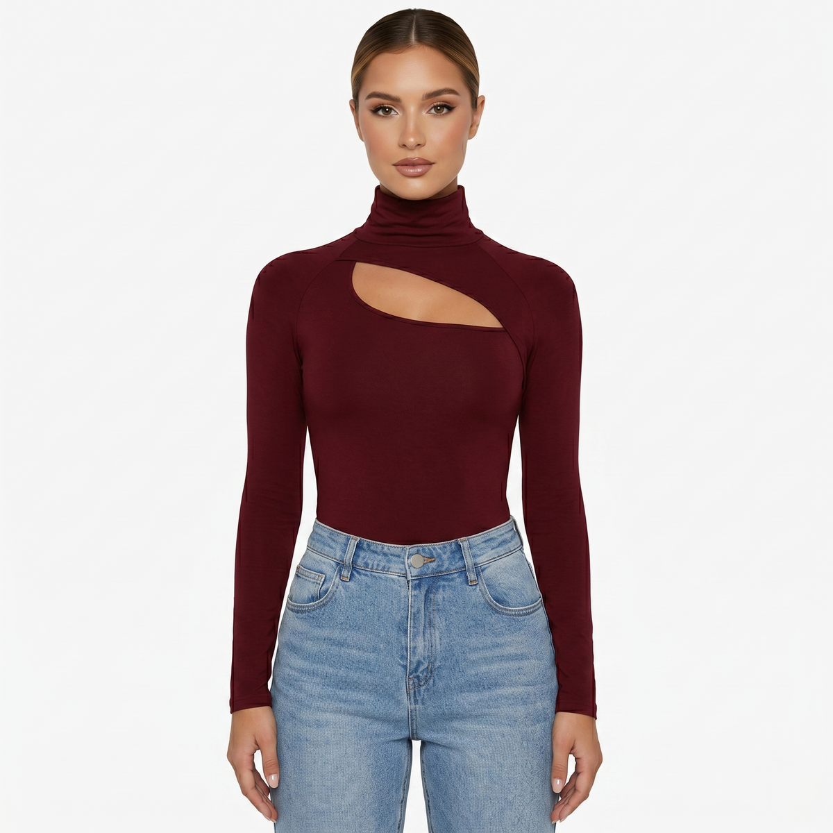 Long Sleeve Top Women’s High Neck Cut Out Detail