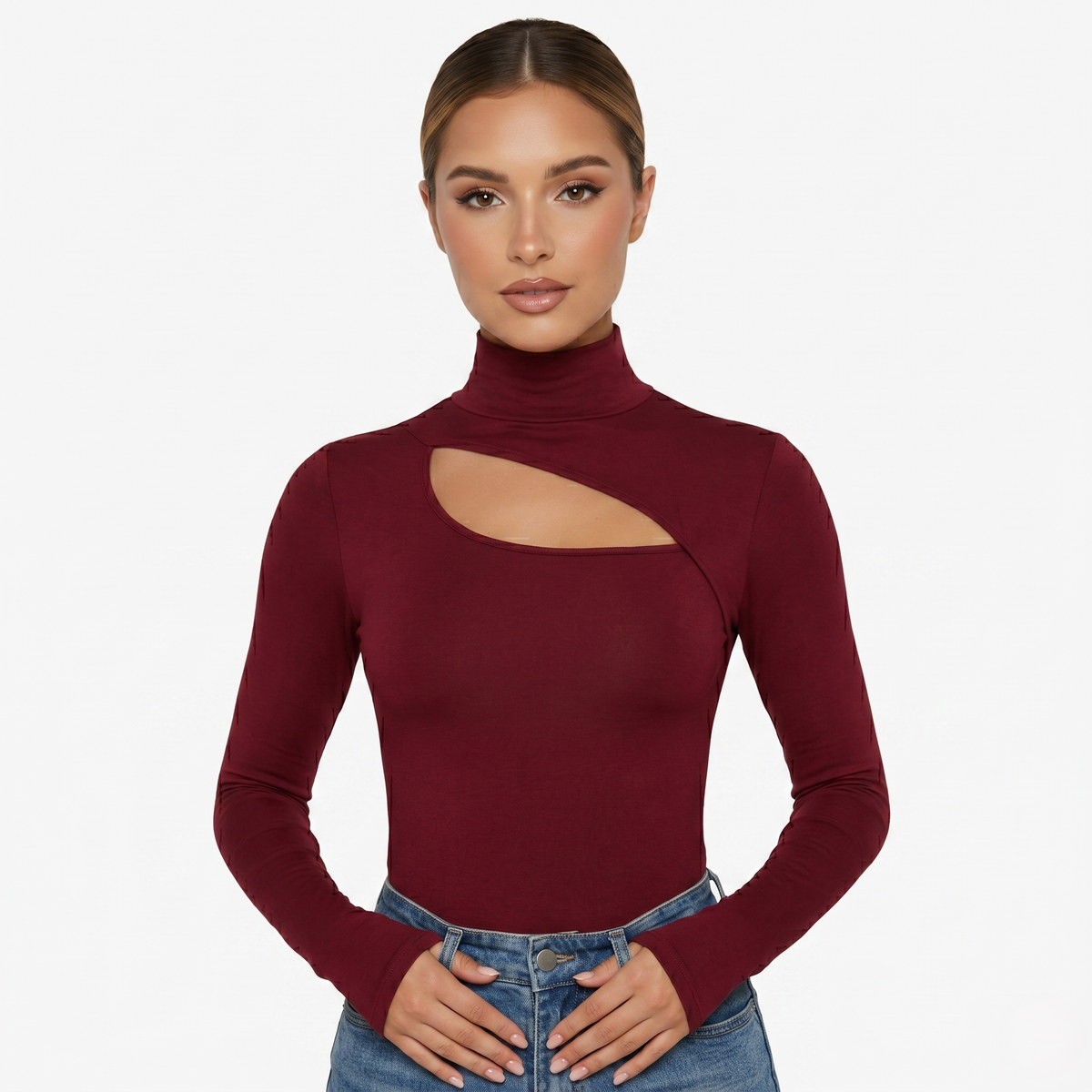 Long Sleeve Top Women’s High Neck Cut Out Detail