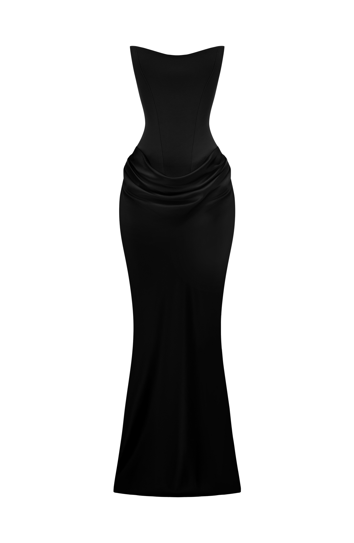 Black corset maxi dress laid out on a white background, showing the shape and cowl draping 28
