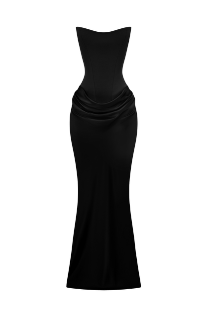 Black corset maxi dress laid out on a white background, showing the shape and cowl draping 28