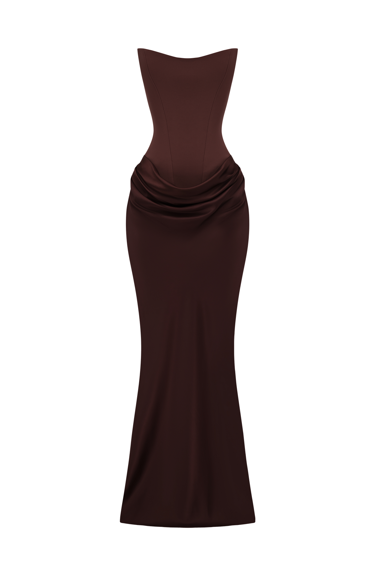 Brown strapless corset maxi dress shown flat on a white background, with no model 10