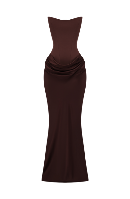 Brown strapless corset maxi dress shown flat on a white background, with no model 10