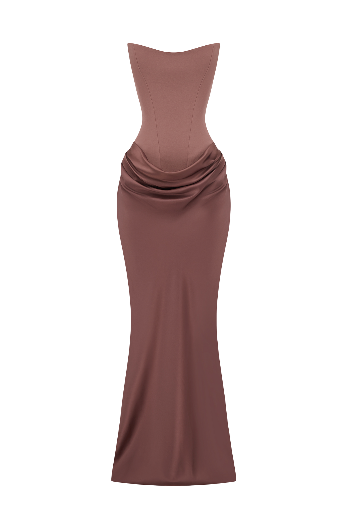 Flat-lay of the dusky brown strapless boned corset bodice and draped satin maxi skirt 41