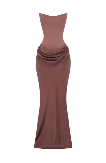 Flat-lay of the dusky brown strapless boned corset bodice and draped satin maxi skirt 41