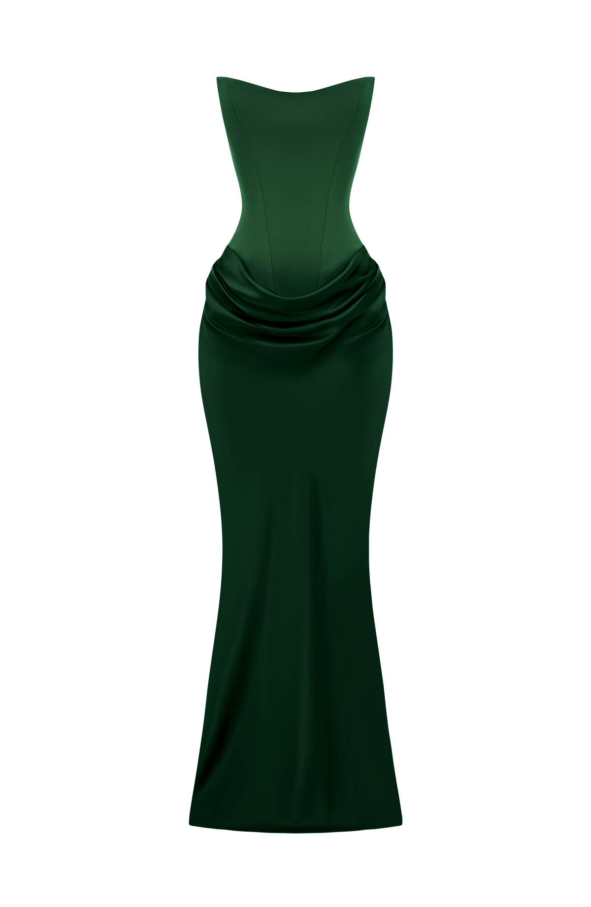 Green corset maxi dress with cowl satin skirt laid out flat on a white background 36