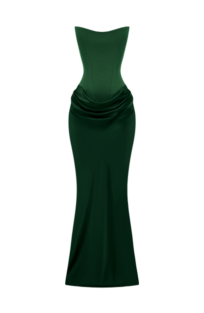 Green corset maxi dress with cowl satin skirt laid out flat on a white background 36