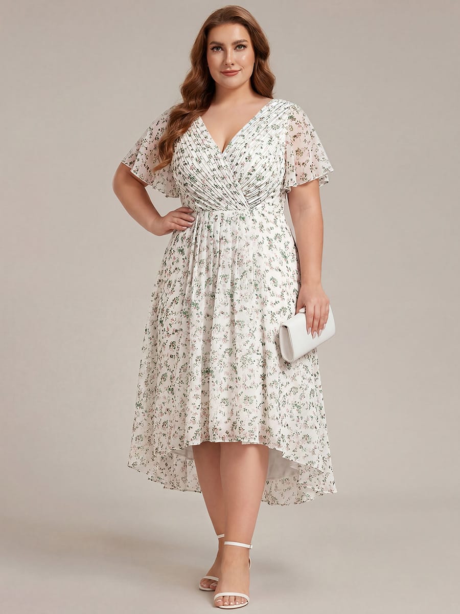 Chiffon High-Low Wedding Guest Dress with V-Neck and Short Sleeves 171