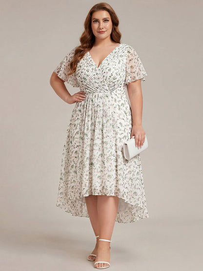 Chiffon High-Low Wedding Guest Dress with V-Neck and Short Sleeves 171