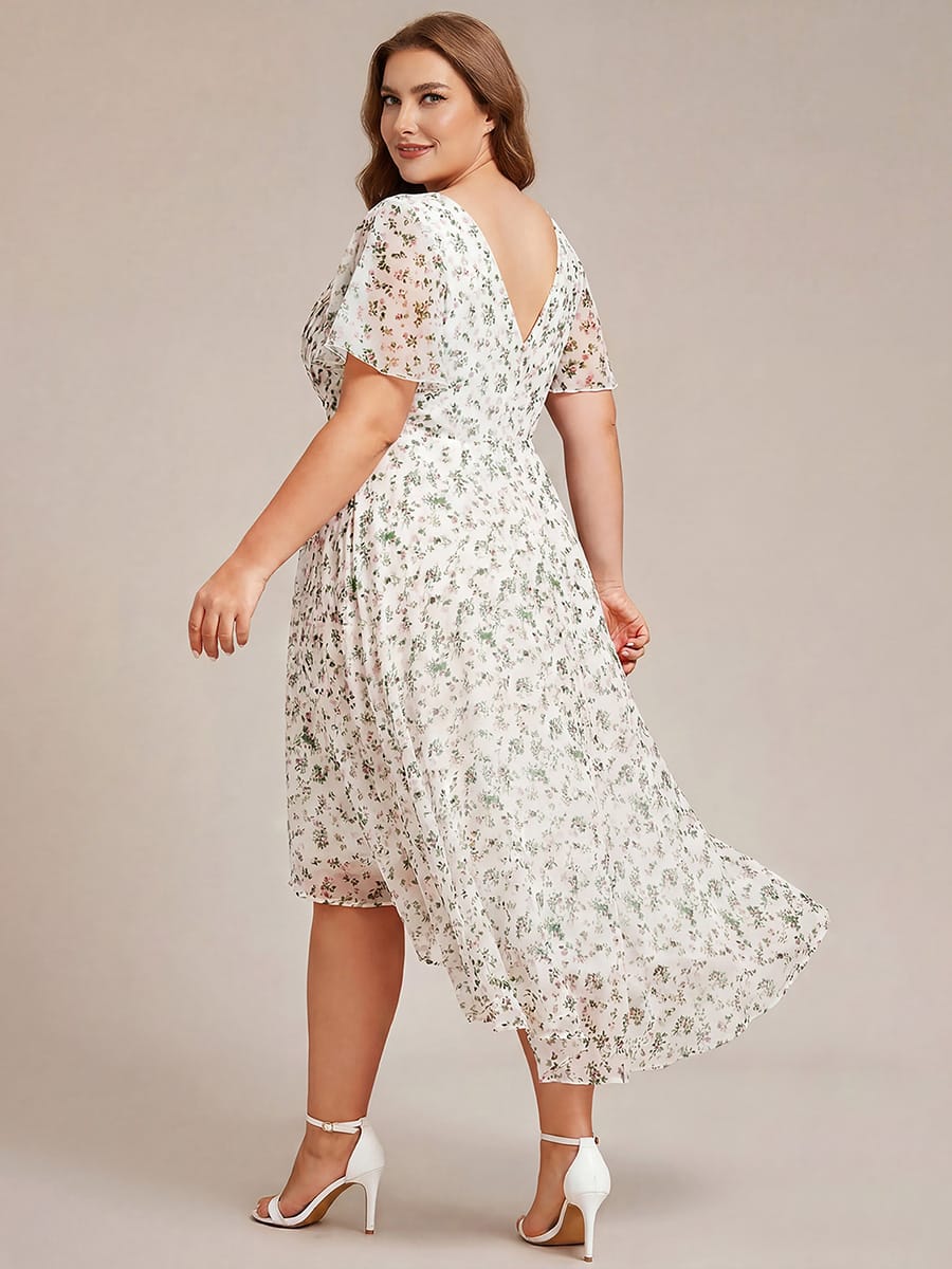 Chiffon High-Low Wedding Guest Dress with V-Neck and Short Sleeves 172
