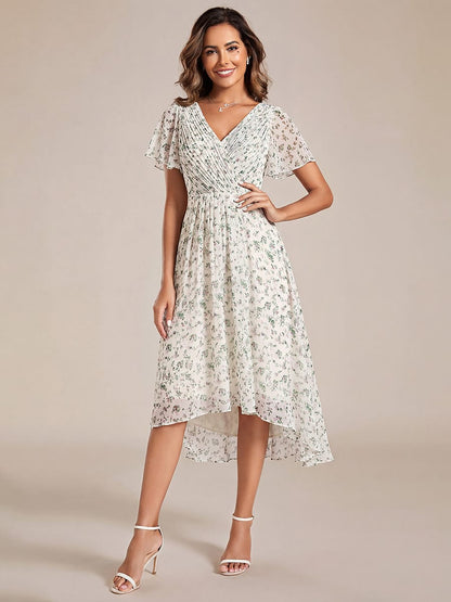 Chiffon High-Low Wedding Guest Dress with V-Neck and Short Sleeves 168