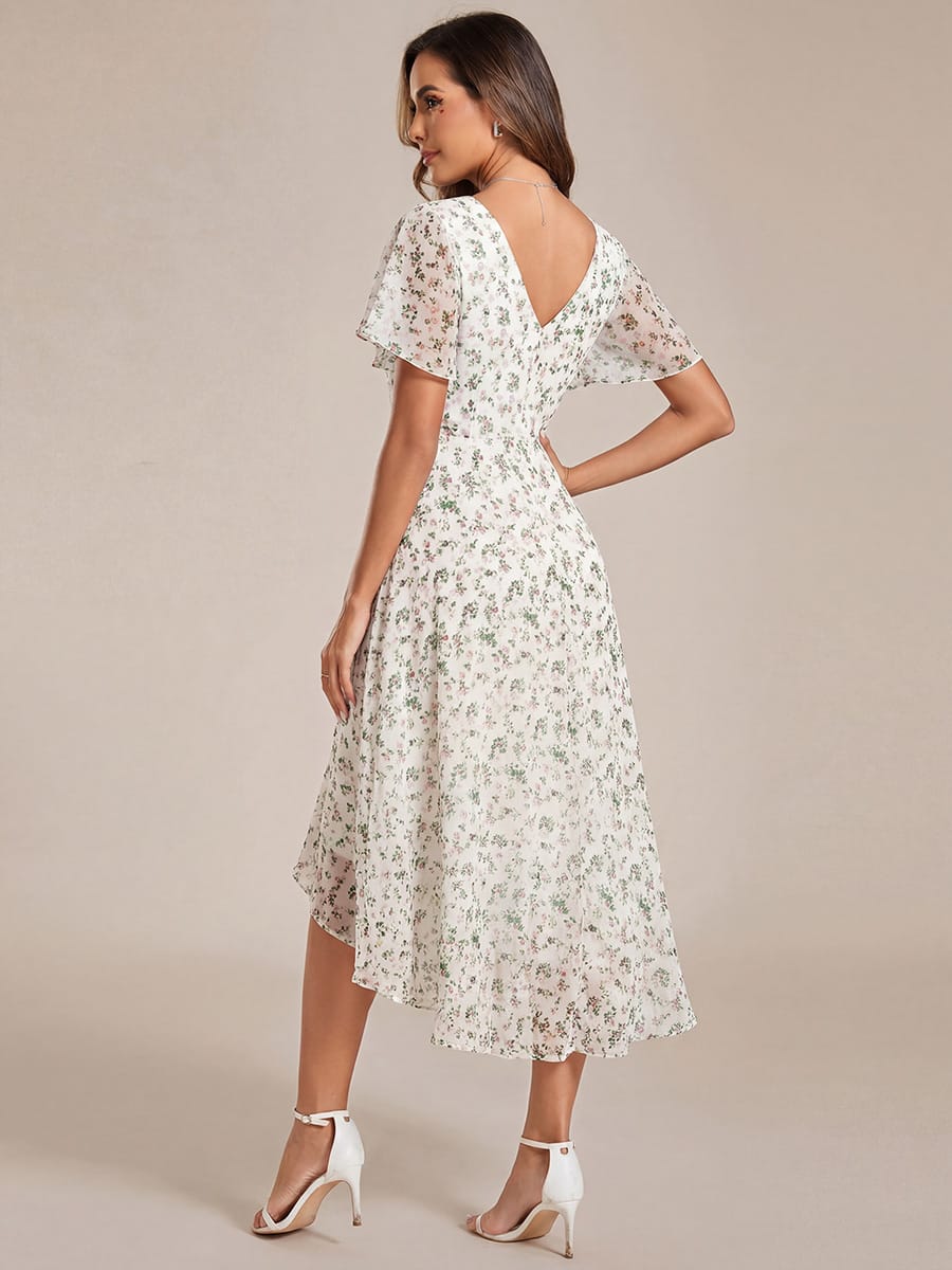 Chiffon High-Low Wedding Guest Dress with V-Neck and Short Sleeves 169