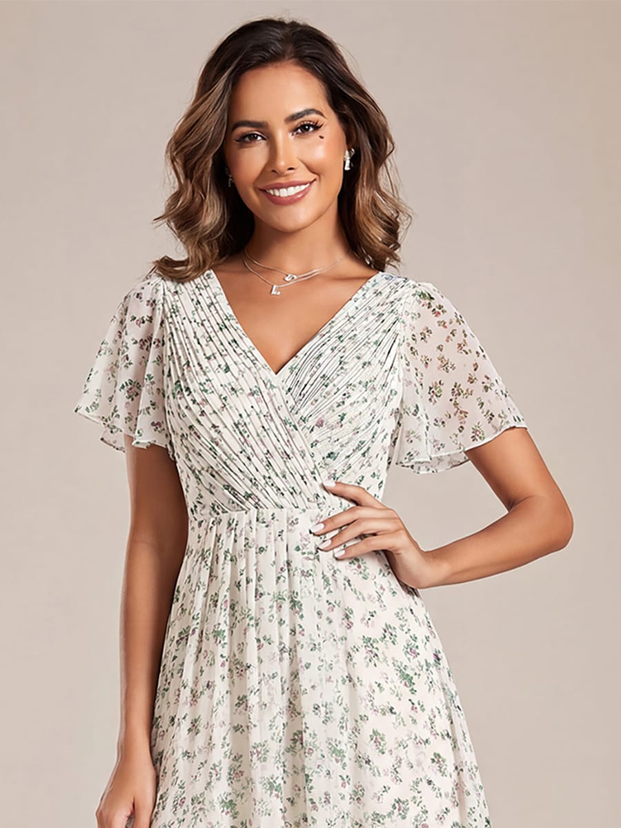 Chiffon High-Low Wedding Guest Dress with V-Neck and Short Sleeves 170