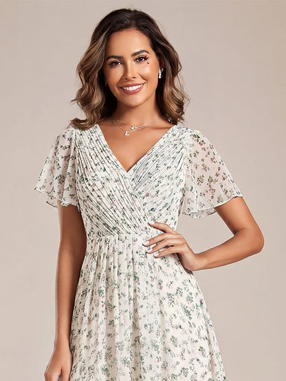 Chiffon High-Low Wedding Guest Dress with V-Neck and Short Sleeves 170