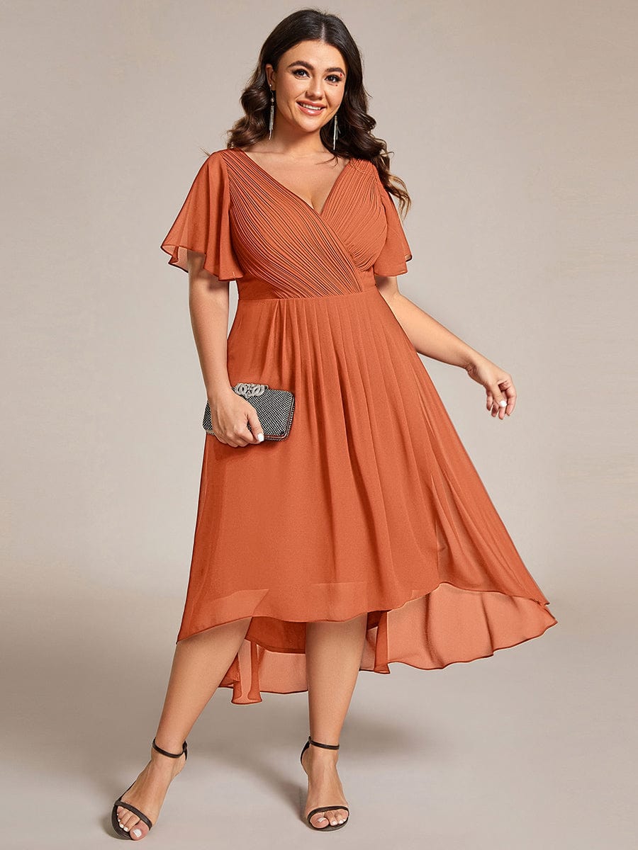 Chiffon High-Low Wedding Guest Dress with V-Neck and Short Sleeves 165