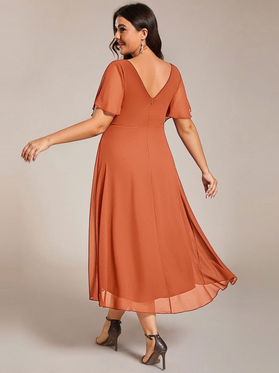 Chiffon High-Low Wedding Guest Dress with V-Neck and Short Sleeves 166