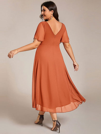 Chiffon High-Low Wedding Guest Dress with V-Neck and Short Sleeves 166