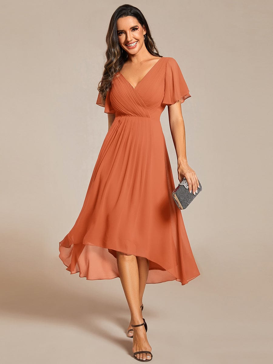 Chiffon High-Low Wedding Guest Dress with V-Neck and Short Sleeves 162