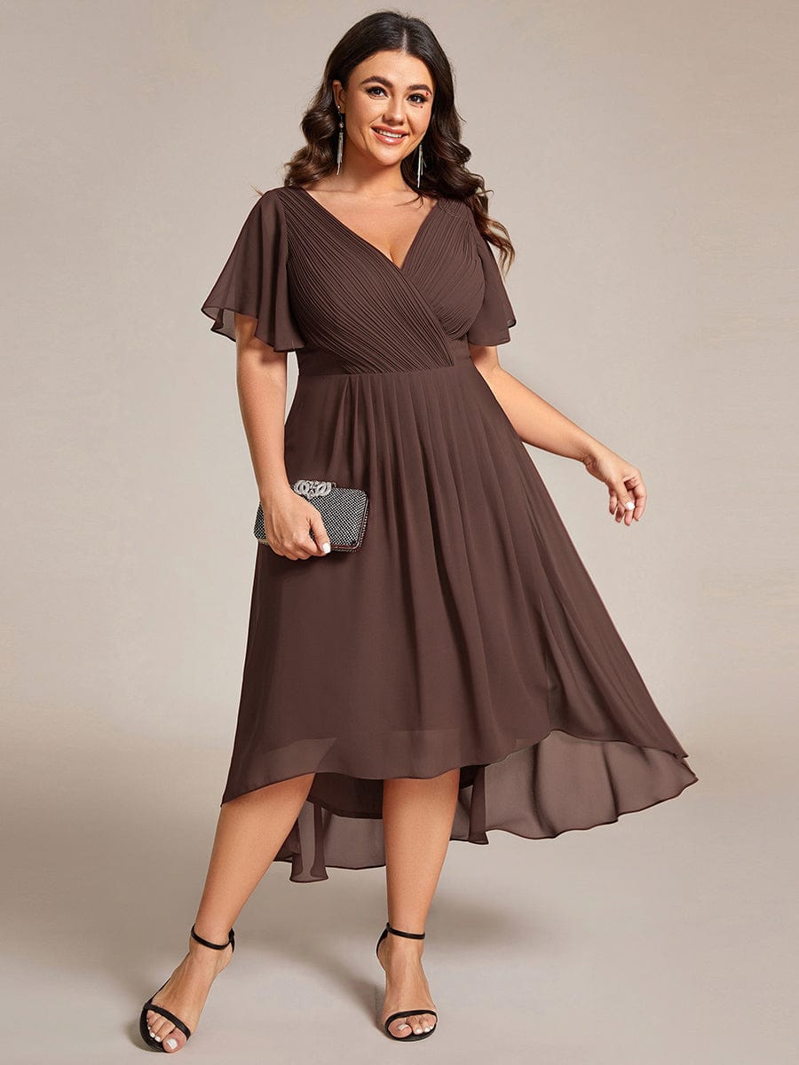 Chiffon High-Low Wedding Guest Dress with V-Neck and Short Sleeves 159