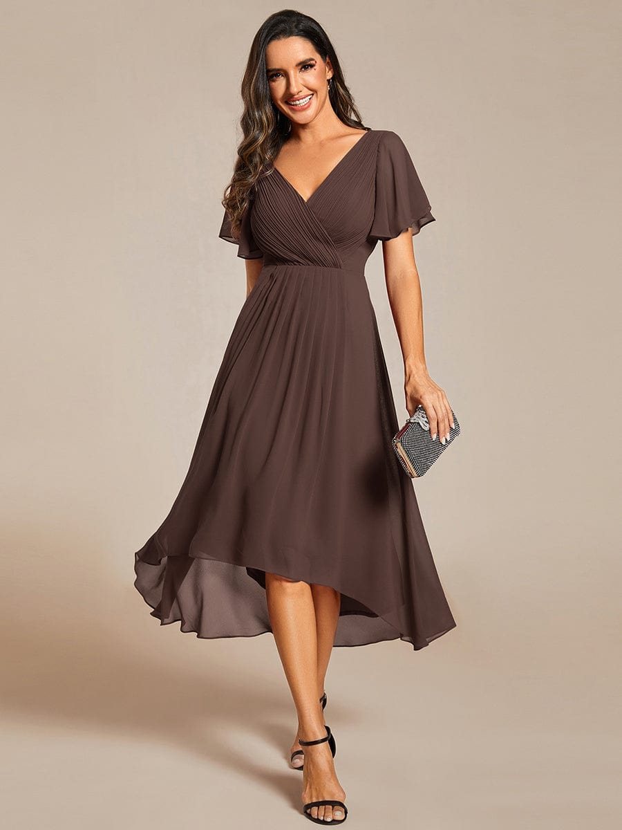 Chiffon High-Low Wedding Guest Dress with V-Neck and Short Sleeves 156