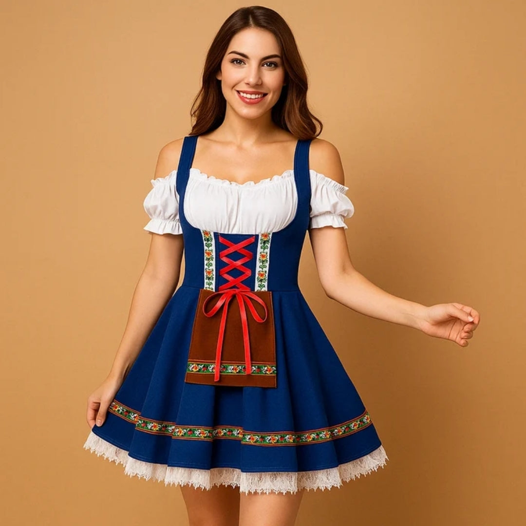 Model in a royal blue off-shoulder dirndl with red lacing, floral ribbon trim and white lace hem 4