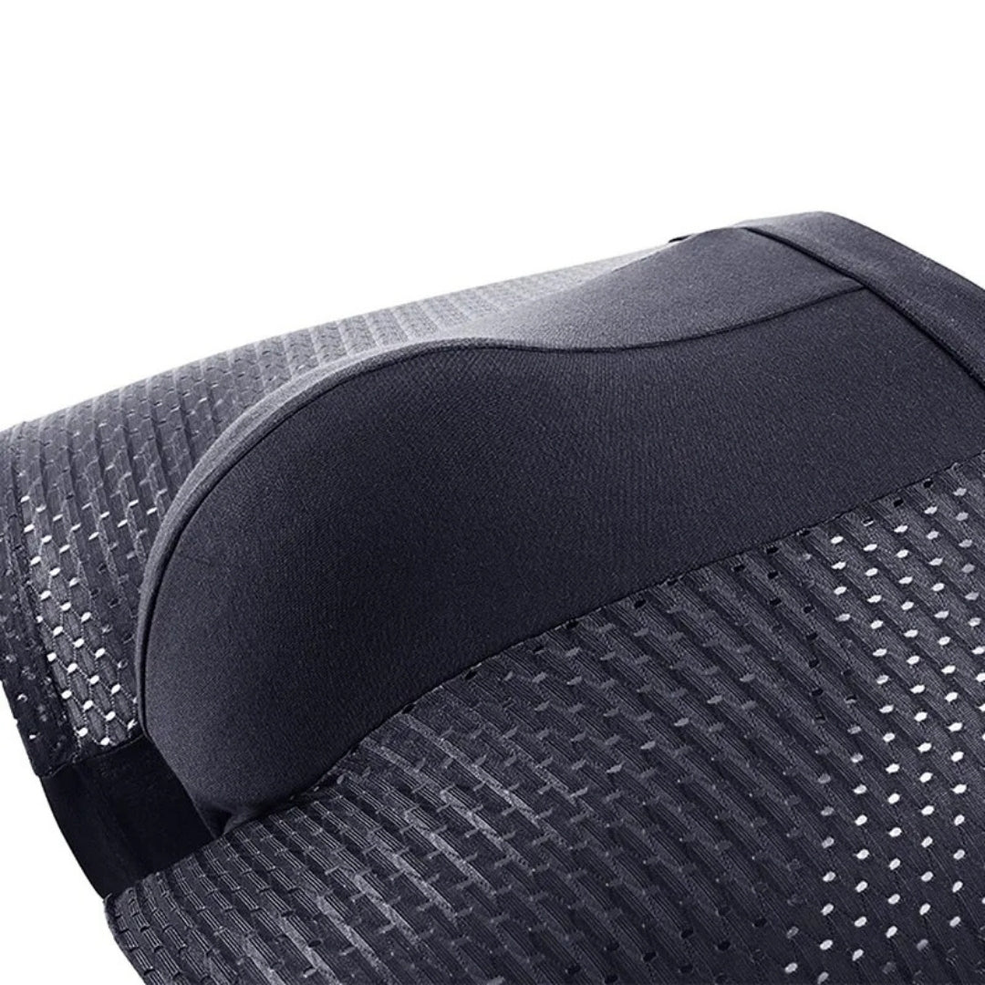 Close-up of a dark boxer brief showing the smooth curved centre panel joined to the perforated mesh side panel. 6