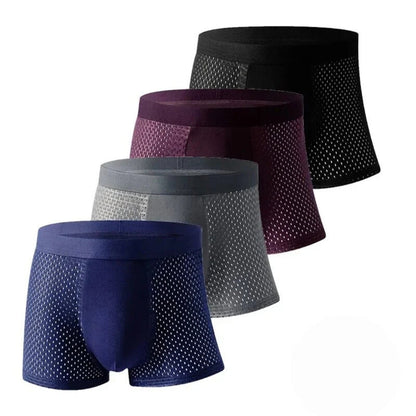 Four boxer briefs in black, burgundy, grey and navy arranged diagonally against white, each showing perforated mesh side panels. 10