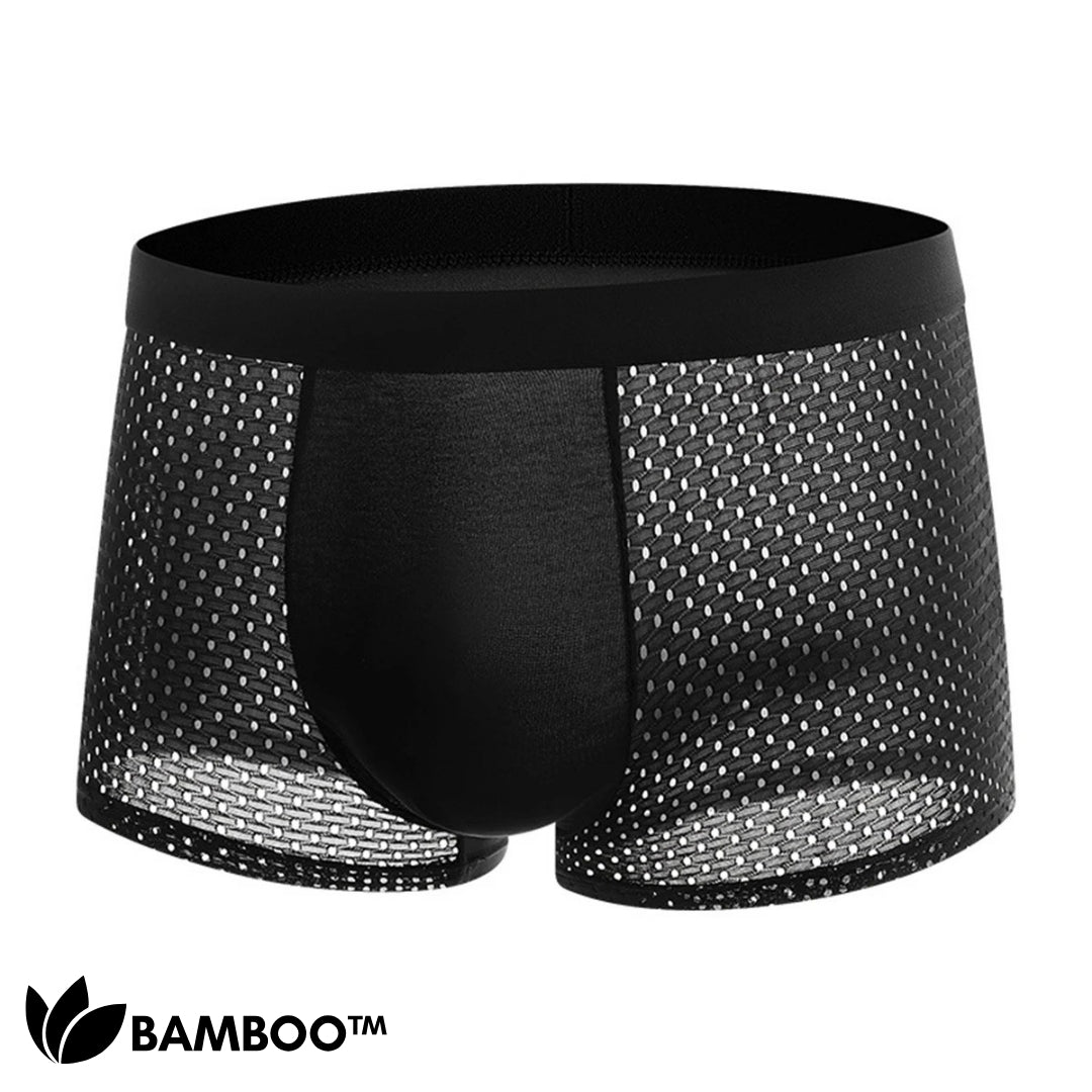 Single black boxer brief seen from the front, with a smooth centre panel and perforated mesh sides. 1