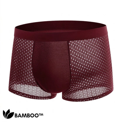 Single burgundy boxer brief seen from the front, with a smooth centre panel and perforated mesh sides. 5