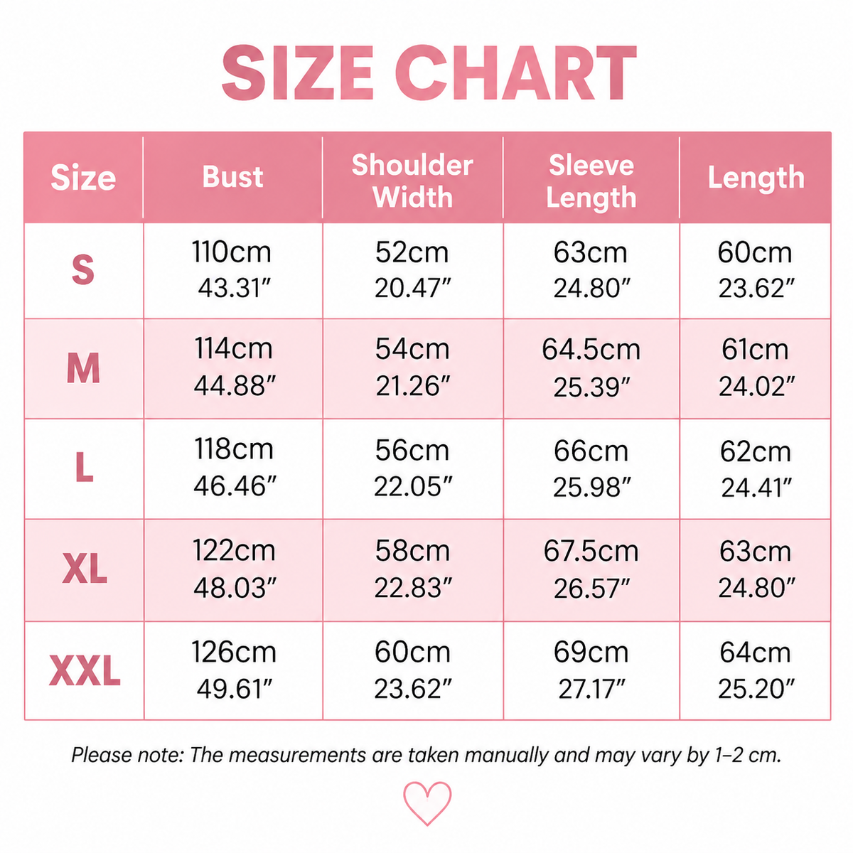 Pink size chart table listing bust, shoulder width, sleeve length and length for sizes S to XXL in centimetres and inches. 9