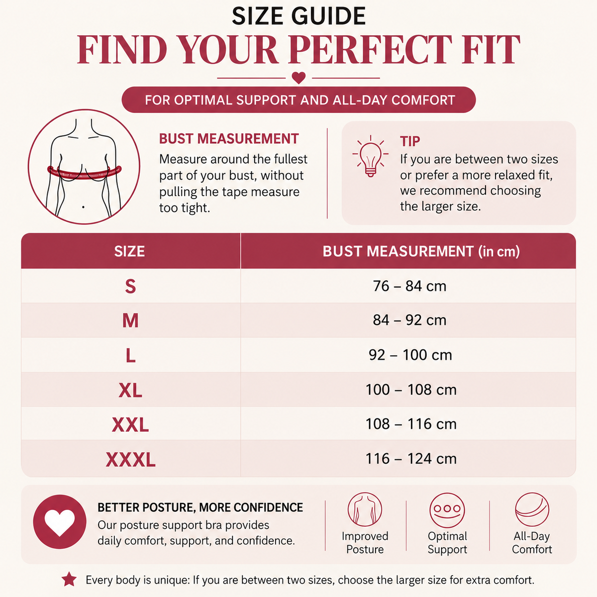 Size guide chart with a bust measuring diagram and a table of sizes small to triple extra large in centimetres. 7