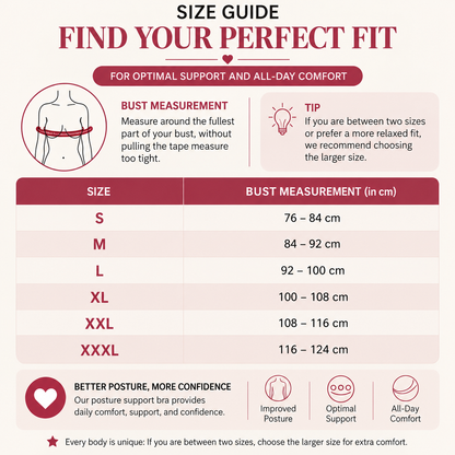 Size guide chart with a bust measuring diagram and a table of sizes small to triple extra large in centimetres. 7