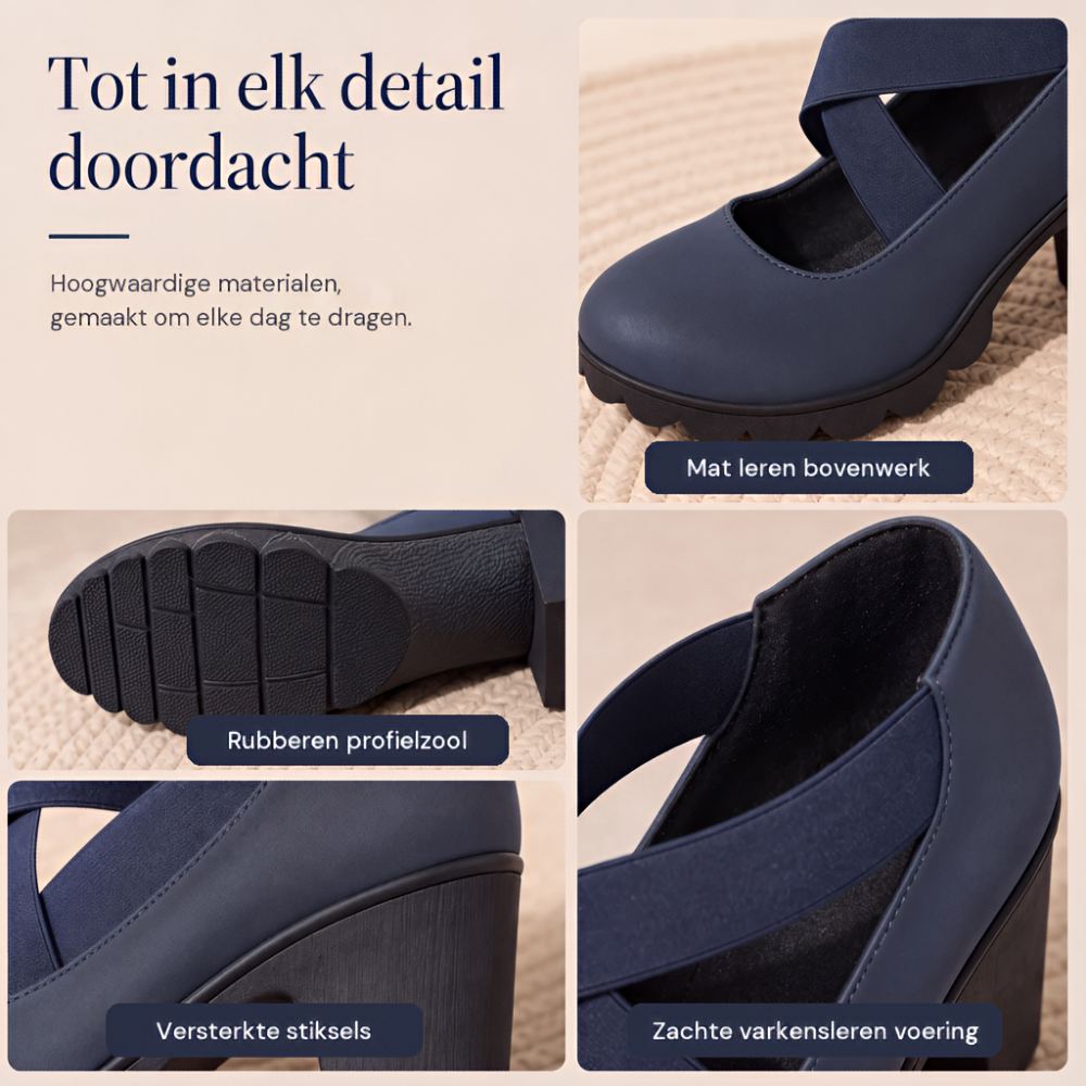 Collage of close-up details: matte navy upper, ridged rubber outsole, reinforced block heel and soft lining beneath the crossed elastic straps. 5